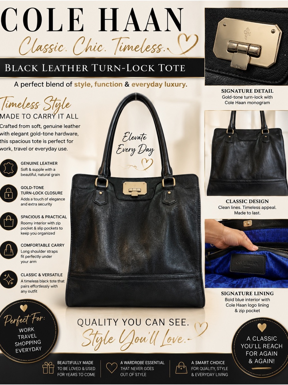 Cole Haan Black Leather Tote with Gold-Tone Turn-Lock